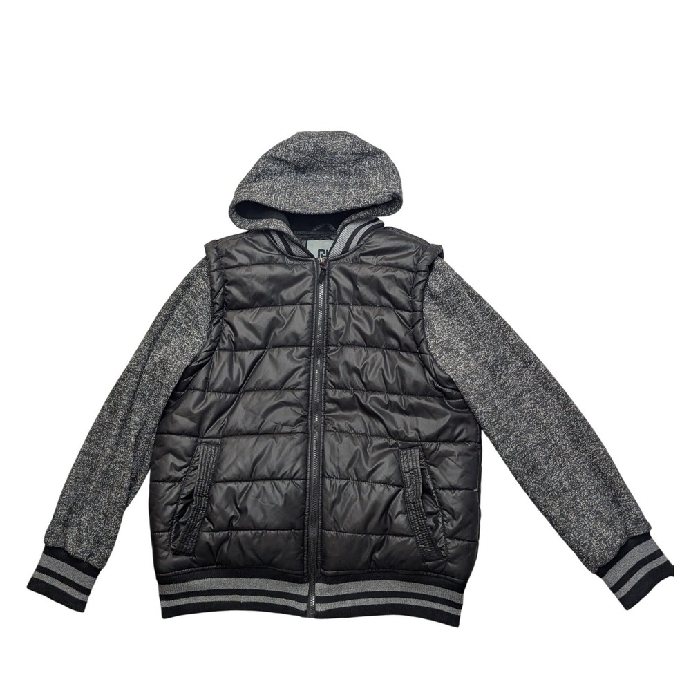 Black Rivet Puffer Jacket Mens Medium Black Grey Mixed Media Hooded Full Zip